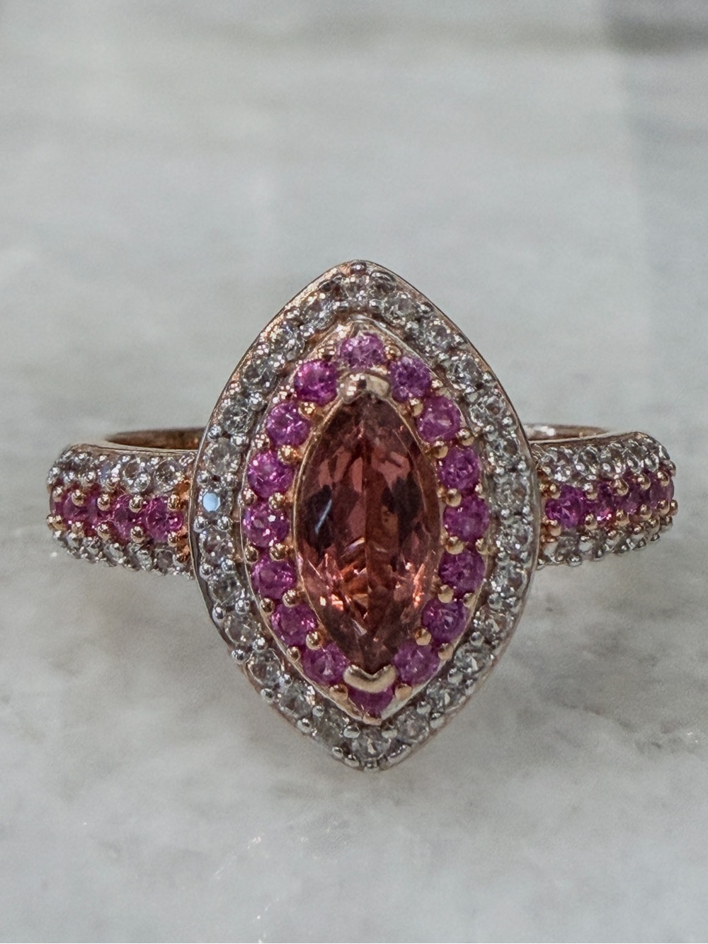 Blush Tourmaline Multi Gemstone 18K Vermeil RG Sterling Silver Ring Sz 7